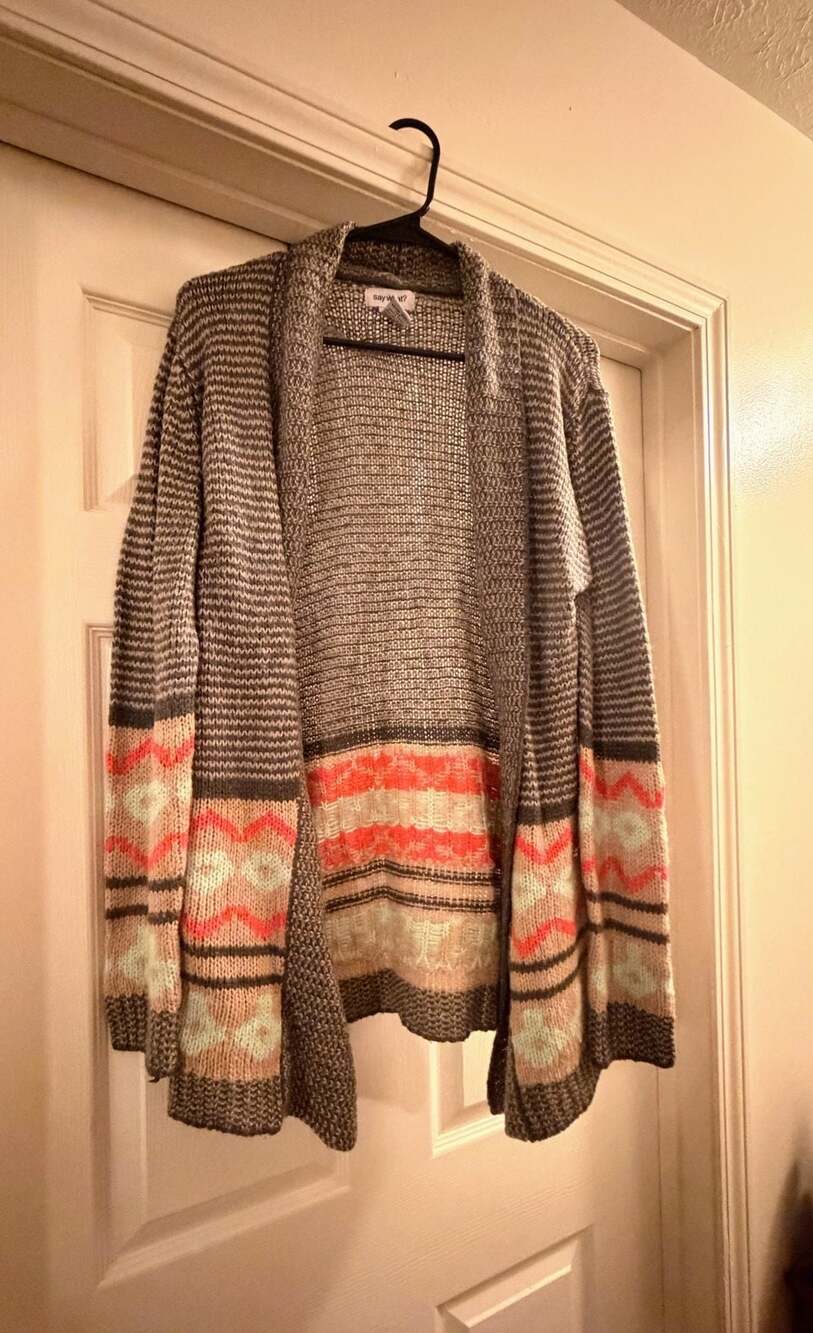 say what? Southwestern Aztec Print Open Front Knit Cardigan Sweater XL